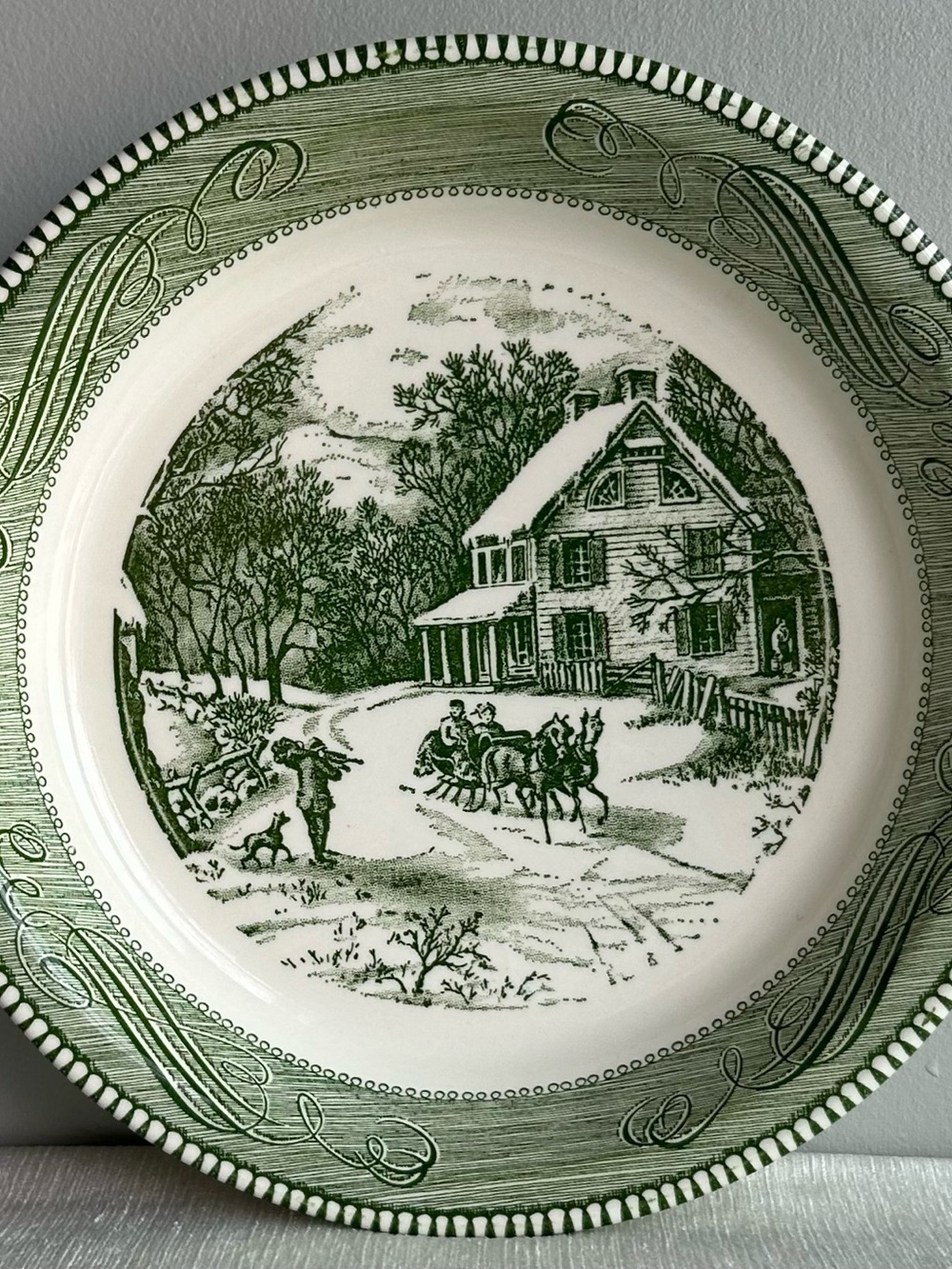 VINTAGE old homestead in winter transferware pie plate currier & ives